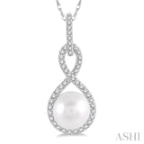 7x7 MM Round Shape Cultured Pearl and 1/6 ctw Twisted Loop Round Cut Diamond Pendant With Chain in 10K White Gold