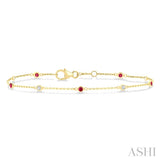 1.8 MM Ruby and 1/10 Ctw Bezel Set Round Cut Diamond Precious Gemstone Station Bracelet in 14K Yellow Gold