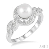 7 MM Round Shape Center Cultured Pearl and 1/10 Ctw Round Cut Diamond Twisted Swirl Ring in 10K White Gold