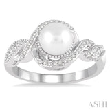 7 MM Round Shape Center Cultured Pearl and 1/10 Ctw Round Cut Diamond Twisted Swirl Ring in 10K White Gold