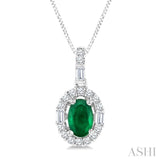 6x4 MM Oval Shape Emerald and 1/4 Ctw Diamond Precious Pendant in 14K White Gold with Chain