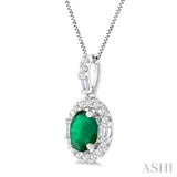 6x4 MM Oval Shape Emerald and 1/4 Ctw Diamond Precious Pendant in 14K White Gold with Chain