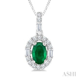 6x4 MM Oval Shape Emerald and 1/4 Ctw Diamond Precious Pendant in 14K White Gold with Chain