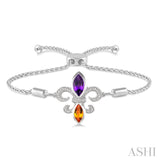 10x5 MM Marquise Cut Amethyst & 8x4 MM Marquise Cut Citrine and 1/20 Ctw Round Diamond Fleur De Lis Sterling Silver Lariat Bracelet