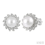 6x6 MM Round Shape Cultured Pearls and 1/10 Ctw Sunflower Round Cut Diamond Earrings in 10K White Gold