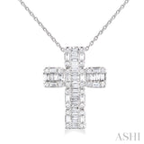 1/2 Ctw Fusion Baguette and Round Cut Diamond Cross Fashion Pendant With Chain in 14K White Gold