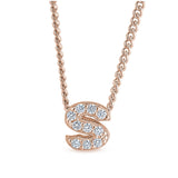 Rose gold finish sterling silver micropave s initial pendant with simulated diamonds on 18 curb chain