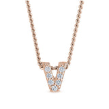 Rose gold finish sterling silver micropave v initial pendant with simulated diamonds on 18 curb chain