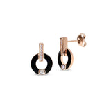 Rose gold finish sterling silver micropave round drop earrings with black enamel and simulated diamonds