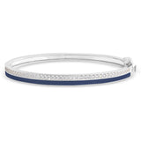 Platinum finish sterling silver micropave hinged bangle bracelet with with navy enamel and simulated diamonds