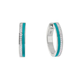 Platinum finish sterling silver micropave hoop earrings with turquoise enamel and simulated diamonds