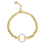 Gold finish sterling silver micropave cable link bracelet with a central open circle with simulated diamonds - adjustable