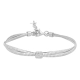 Platinum finish sterling silver micropave double omega bracelet with a central square with simulated diamonds - adjustable