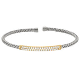 Rhodium finish sterling silver basketweave cuff bracelet with gold finish simulated diamonds