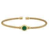 Gold finish sterling silver rounded box link cuff bracelet with bezel set simulated emerald birth gem