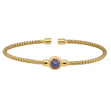 Gold finish sterling silver rounded box link cuff bracelet with bezel set simulated light amethist birth gem