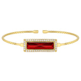 Gold finish sterling silver cable cuff bracelet with rectangular simulated garnet stone and simulated diamonds