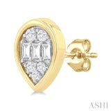 1/5 ctw Petite Bezel Set Pear Shape Fusion Baguette and Round Cut Diamond Fashion Stud Earring in 10K Yellow Gold