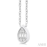 1/6 ctw Petite Bezel Set Pear Shape Fusion Baguette and Round Cut Diamond Fashion Pendant With Chain in 10K White Gold