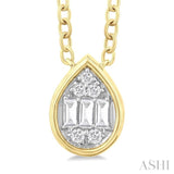 1/6 ctw Petite Bezel Set Pear Shape Fusion Baguette and Round Cut Diamond Fashion Pendant With Chain in 10K Yellow Gold