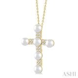 4 MM Cross Cultured Pearl and 1/5 Ctw Round Cut Diamond Fashion Pendant With Chain in 10K Yellow Gold