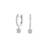 Platinum finish sterling silver micropave square drop huggie earrings with simulated diamonds