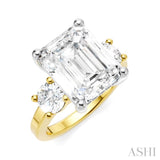 1 1/10 Ctw Tri-Mount Emerald Shape Center Round Cut Diamond Semi-Mount Engagement Ring in 14K Yellow and White Gold