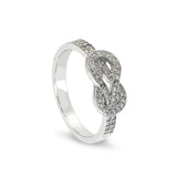 Platinum finish sterling silver micropave knot ring with simulated diamonds