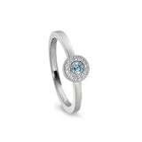 Platinum finish sterling silver micropave round simulated aquamarine ring with simulated diamonds size 5