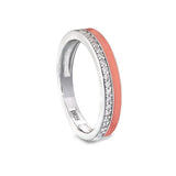 Platinum finish sterling silver micropave ring with with coral enamel and simulated diamondss
