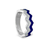 Platinum finish sterling silver micropave ring with with navy enamel and simulated diamondss