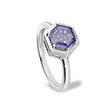 Platinum Finish Sterling Silver Flat Hexagon Synthetic Tanzanite Ring with synthetic Diamonds - Size 6