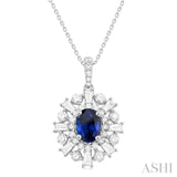 7x5 MM Oval Cut Sapphire and 1 ctw Baguette & Round Cut Diamond Halo Precious Pendant With Chain in 14K White Gold