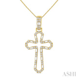 1/2 Ctw Open Window Cross Frame Baguette and Round Cut Diamond Fashion Pendant With Chain in 10K Yellow Gold