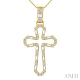 1/2 Ctw Open Window Cross Frame Baguette and Round Cut Diamond Fashion Pendant With Chain in 10K Yellow Gold