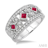 3/8 Ctw Round Cut Diamond and 2.2mm & 2.4mm Princess Cut Ruby Fashion Band in 14K White Gold