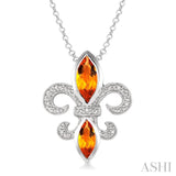 10x5 & 8x4 mm marquise cut Citrine and 1/50 Ctw Single Cut Diamond Fleur De Lis Pendant in Sterling Silver with Chain