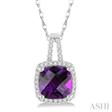 8x8 MM Cushion Cut Amethyst and 1/5 Ctw Round Cut Diamond Pendant in 10K White Gold with Chain