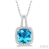 8x8 MM Cushion Cut Blue Topaz and 1/5 Ctw Round Cut Diamond Pendant in 10K White Gold with Chain