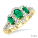 1/5 Ctw Triple Oval Shape 6x4mm & 5x3mm Emerald & Round Cut Diamond Precious Ring in 10K Yellow Gold
