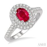 1/2 Ctw Oval Shape 7x5mm Ruby & Round Cut Diamond Precious Ring in 14K White Gold