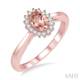 6X4MM Oval Cut Morganite Center and 1/8 Ctw Round Cut Diamond Halo Precious Stone Ring in 10K Rose Gold