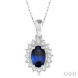 1/8 Ctw Round Cut Diamond and Oval Cut 6x4mm Sapphire Center Sunflower Precious Pendant in 10K White Gold with chain