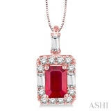 6x4 MM Octagon Cut Ruby and 1/3 Ctw Round Cut Diamond Pendant in 14K Rose Gold with Chain