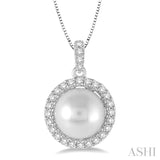 8x8 MM White Cultured Pearl and 1/3 Ctw Round Cut Diamond Pendant in 14K White Gold with Chain