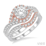 1 1/10 Ctw Diamond Bridal Set with 7/8 Ctw Round Cut Engagement Ring and 1/5 Ctw Wedding Band in 14k White and Rose Gold