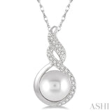 1/20 Ctw Round Cut Diamond Twisted 7mm Cultured Pearl Accented Pendant in 10K White Gold with chain
