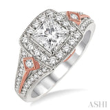 1 Ctw Diamond Engagement Ring with 3/8 Ct Princess Cut Center Stone in 14K White and Rose Gold