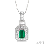6x4 MM Octagon Cut Emerald and 1/4 Ctw Round and Baguette Cut Diamond Pendant in 14K White Gold with Chain